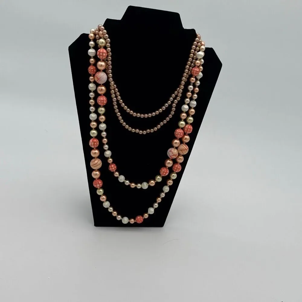 Vintage 1950s Art Glass Pearl Necklace Set 34” C Clasp &‎ 25” Layered Coral Pink